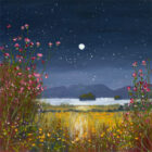 Lake District art framed print Starry Night, Windermere by local artist Jeff Sudders of a dark blue moonlit sky with stars over the lake and distant mountains with wild flowers.