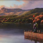 Limited edition print artist's proof A moment by the lake windermere and the langdales by David Renshaw inspired by Lake District romance with Ted and Doris on a jetty by the lake.