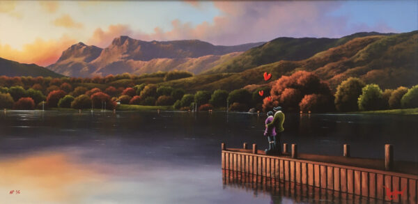 Limited edition print artist's proof A moment by the lake windermere and the langdales by David Renshaw inspired by Lake District romance with Ted and Doris on a jetty by the lake.
