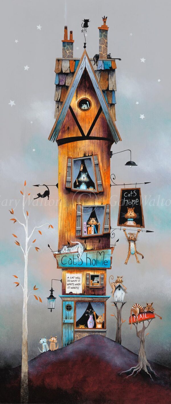A Purrfect Life by Gary Walton. A limited edition print of a cat home. a fun and quirky contemporary scene of a tall building with cats everywhere.