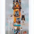 A Purrfect Life by Gary Walton. A limited edition print of a cat home. a fun and quirky contemporary scene of a tall building with cats everywhere.