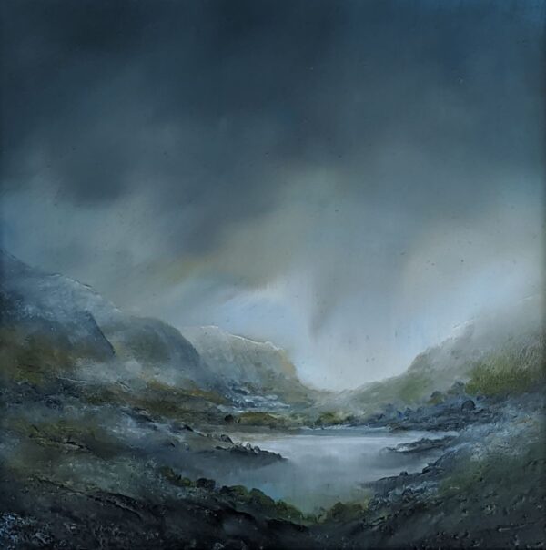 lake district art original oil & mixed media painting of Buttermere looking north to crummock water. A moody landscape with dark clouds and mountains misty atmosphere and textured foreground
