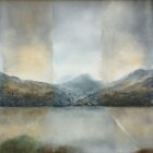 lake district art by Peter Dworok an original oil and mixed media painting Changing Light - Derwentwater. A contemporary view of the jaws of borrowdale near keswick in sections of light