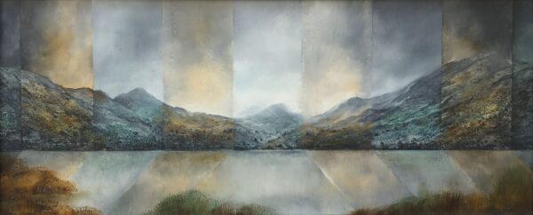 lake district art by Peter Dworok an original oil and mixed media painting Changing Light - Derwentwater. A contemporary view of the jaws of borrowdale near keswick in sections of light