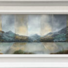 lake district art by Peter Dworok an original oil and mixed media painting Changing Light - Derwentwater. A contemporary view of the jaws of borrowdale near keswick in sections of light