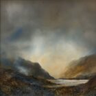 lake district art original oil and mixed media painting of Crummock Water in the Buttermere Valley - a moody landscape with dark clouds and mountains misty atmosphere and textured foreground
