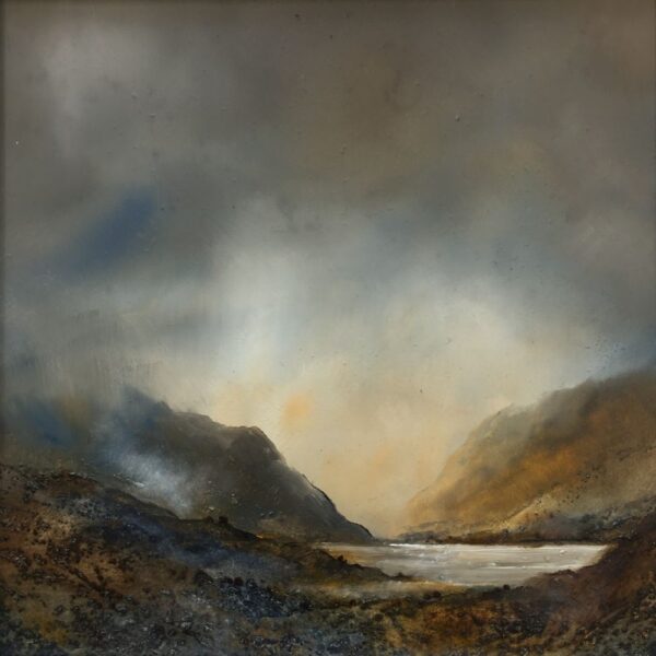 lake district art original oil and mixed media painting of Crummock Water in the Buttermere Valley - a moody landscape with dark clouds and mountains misty atmosphere and textured foreground
