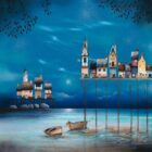 Gary Walton Cuttlefish Pier II. A limited edition print of a coastal beach at night with a full moon and clouds behind a quirky tall harbour pier and rowboats