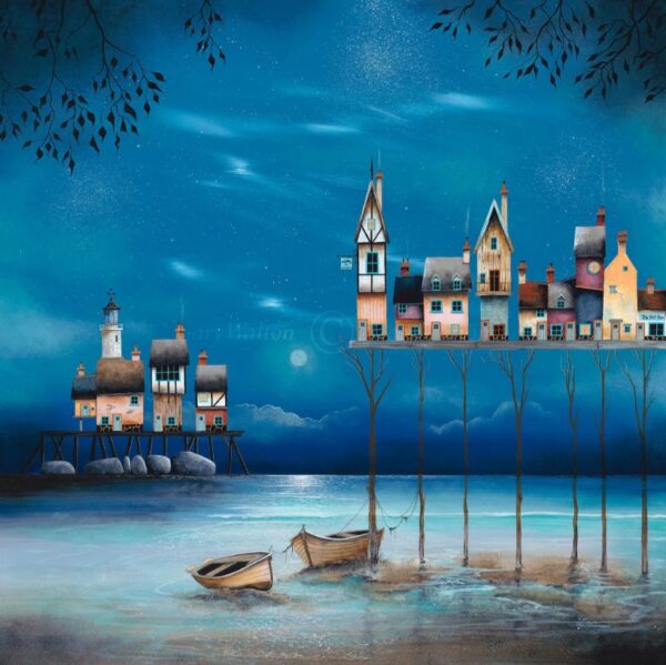 Gary Walton Cuttlefish Pier II. A limited edition print of a coastal beach at night with a full moon and clouds behind a quirky tall harbour pier and rowboats