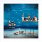 Gary Walton Cuttlefish Pier II. A limited edition print of a coastal beach at night with a full moon and clouds behind a quirky tall harbour pier and rowboats