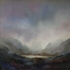 lake district art original oil and mixed media painting of Ennerdale in the north lakes - a moody landscape with dark clouds and mountains misty atmosphere and textured foreground