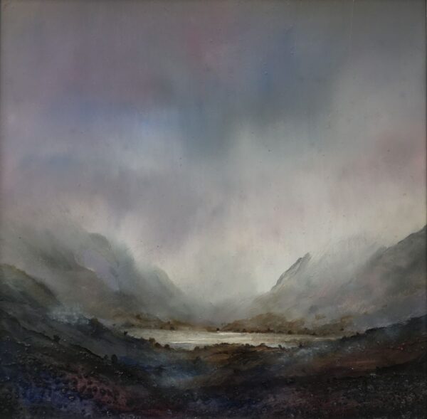 lake district art original oil and mixed media painting of Ennerdale in the north lakes - a moody landscape with dark clouds and mountains misty atmosphere and textured foreground