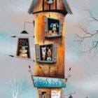 A Purrfect Life by Gary Walton. A limited edition print of a dog home. a fun and quirky contemporary scene of a tall building with dogs everywhere.