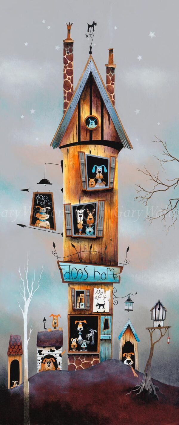 A Purrfect Life by Gary Walton. A limited edition print of a dog home. a fun and quirky contemporary scene of a tall building with dogs everywhere.