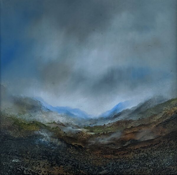 lake district art original oil & mixed media painting of the Langdales near Ambleside & Windermere. A moody landscape with dark clouds and mountains misty atmosphere and textured foreground