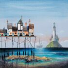 Low Tide III by Gary Walton. A limited edition print of a coastal beach harbour town with a tall pier distant lighthouse and trawler boat. With deep turquoise blue ocean and light blue sky