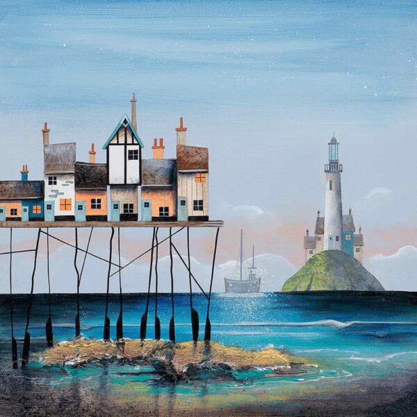 Low Tide III by Gary Walton. A limited edition print of a coastal beach harbour town with a tall pier distant lighthouse and trawler boat. With deep turquoise blue ocean and light blue sky