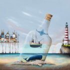 Noah & The Whale by Gary Walton. A limited edition print of a coastal beach with a whale and ship inside a large bottle that washed ashore with a quirky tall pier and lighthouse
