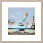 Noah & The Whale by Gary Walton. A limited edition print of a coastal beach with a whale and ship inside a large bottle that washed ashore with a quirky tall pier and lighthouse