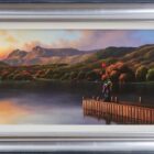 Limited edition print artist's proof A moment by the lake windermere and the langdales by David Renshaw inspired by Lake District romance with Ted and Doris on a jetty by the lake.