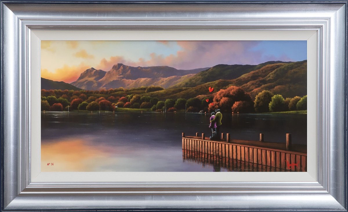 Limited edition print artist's proof A moment by the lake windermere and the langdales by David Renshaw inspired by Lake District romance with Ted and Doris on a jetty by the lake.