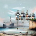 Shooting Star Pier Gary Walton. A limited edition print of a coastal beach with tall quirky pier - beached rowboat - distant lighthouse and shooting stars above.
