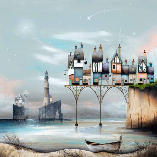 Shooting Star Pier Gary Walton. A limited edition print of a coastal beach with tall quirky pier - beached rowboat - distant lighthouse and shooting stars above.