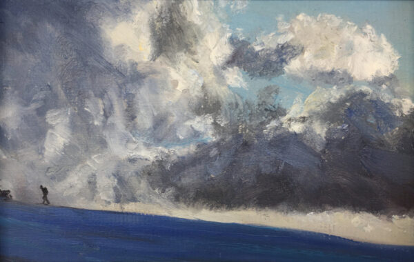 lake district art original oil painting by local artist simon whitfield hiker approaching fairfield summit with cloud