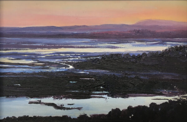 lake district art original oil painting by local artist simon whitfield hazy sunset felltop silhouette of lakeland view