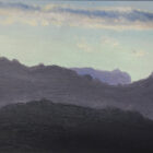 lake district art original oil painting by local artist simon whitfield hazy sunset fell top silhouettes of bowfell and crinkle crags