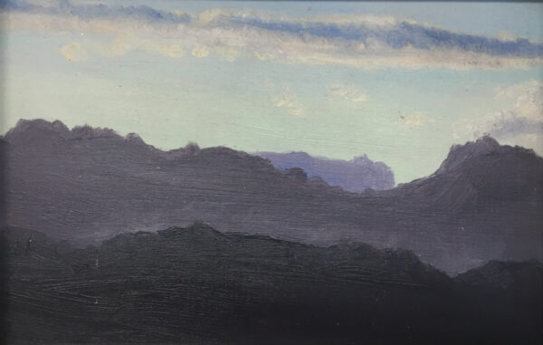 lake district art original oil painting by local artist simon whitfield hazy sunset fell top silhouettes of bowfell and crinkle crags