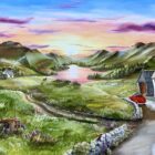Lake District art original painting Squirrel's Delight by Caroline Deighton of a red car and white house in lakeland scenery.