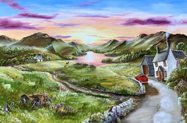 Lake District art original painting Squirrel's Delight by Caroline Deighton of a red car and white house in lakeland scenery.