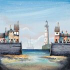 The Distant Trawler byGary Walton. A limited edition print of a coastal beach harbour town with light blue skies a distant boat and lighthouse and quirky contemporary house in the foreground