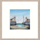 The Distant Trawler byGary Walton. A limited edition print of a coastal beach harbour town with light blue skies a distant boat and lighthouse and quirky contemporary house in the foreground