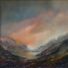 lake district art original oil and mixed media painting of Ullswater by peter dworok with a cloudy sunrise with a misty atmosphere with green and earthy textured foliage in foreground