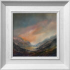 lake district art original oil and mixed media painting of Ullswater by peter dworok with a cloudy sunrise with a misty atmosphere with green and earthy textured foliage in foreground