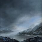lake district art original oil and mixed media painting of Ullswater. A moody landscape with dark clouds and mountains misty atmosphere and textured foreground