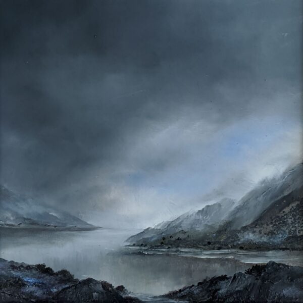lake district art original oil and mixed media painting of Ullswater. A moody landscape with dark clouds and mountains misty atmosphere and textured foreground