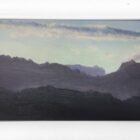 lake district art original oil painting by local artist simon whitfield hazy sunset fell top silhouettes of bowfell and crinkle crags