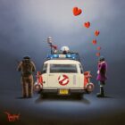 Lake District art by David Renshaw. Limited edition print Who You Gonna Call inspired by ghostbusters with ted and doris standing alongside the Ectomobile