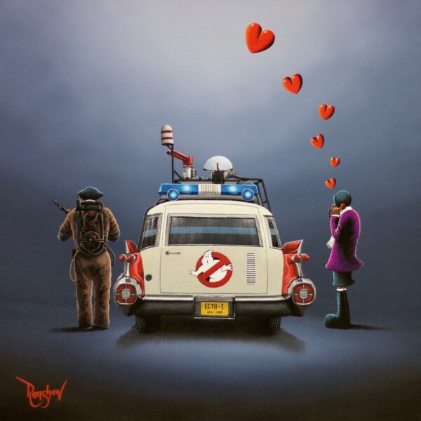 Lake District art by David Renshaw. Limited edition print Who You Gonna Call inspired by ghostbusters with ted and doris standing alongside the Ectomobile