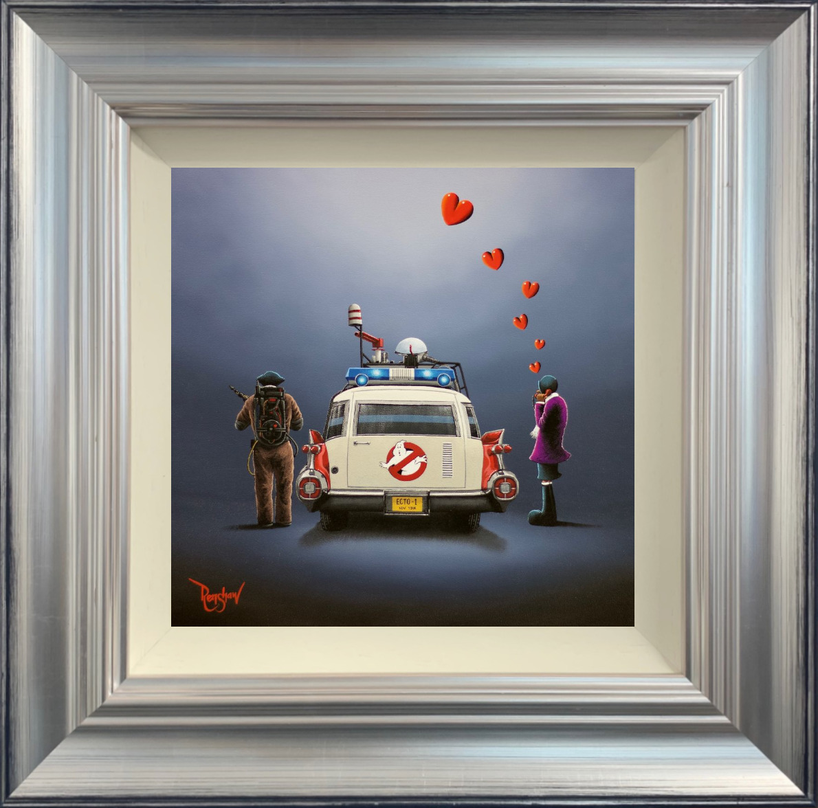 Lake District art by David Renshaw. Limited edition print Who You Gonna Call inspired by ghostbusters with ted and doris standing alongside the Ectomobile