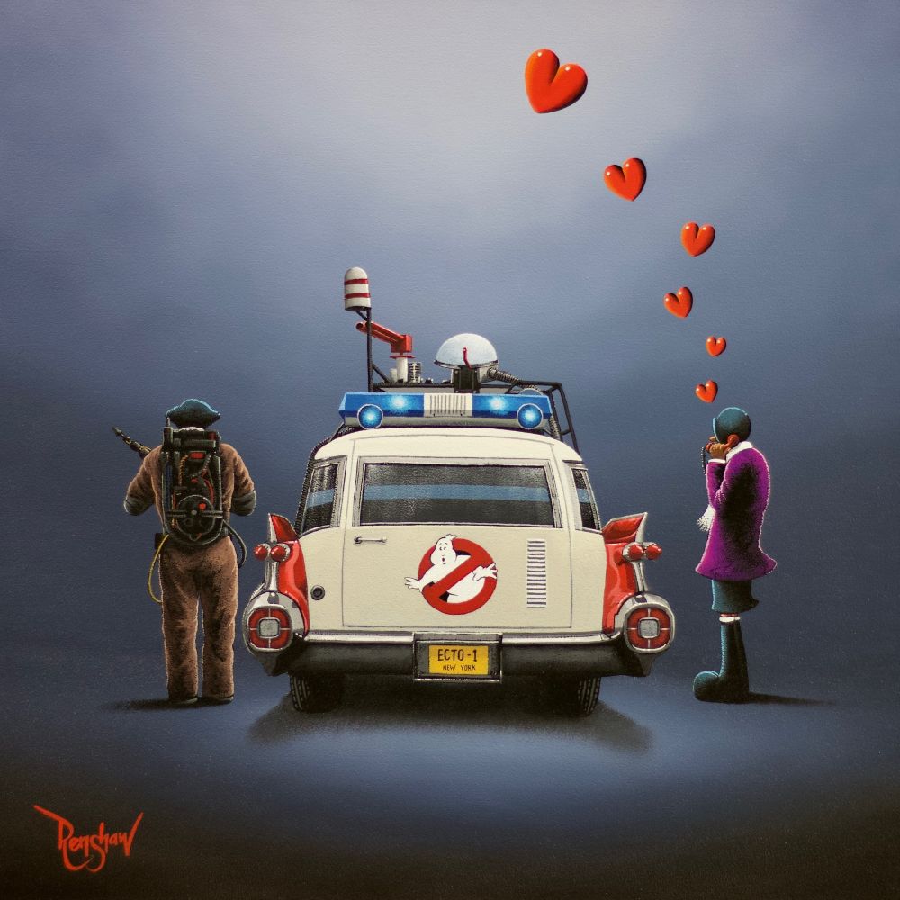 Who You Gonna Call by David Renshaw Lake District art by David Renshaw. Limited edition print Who You Gonna Call inspired by ghostbusters with ted and doris standing alongside the Ectomobile