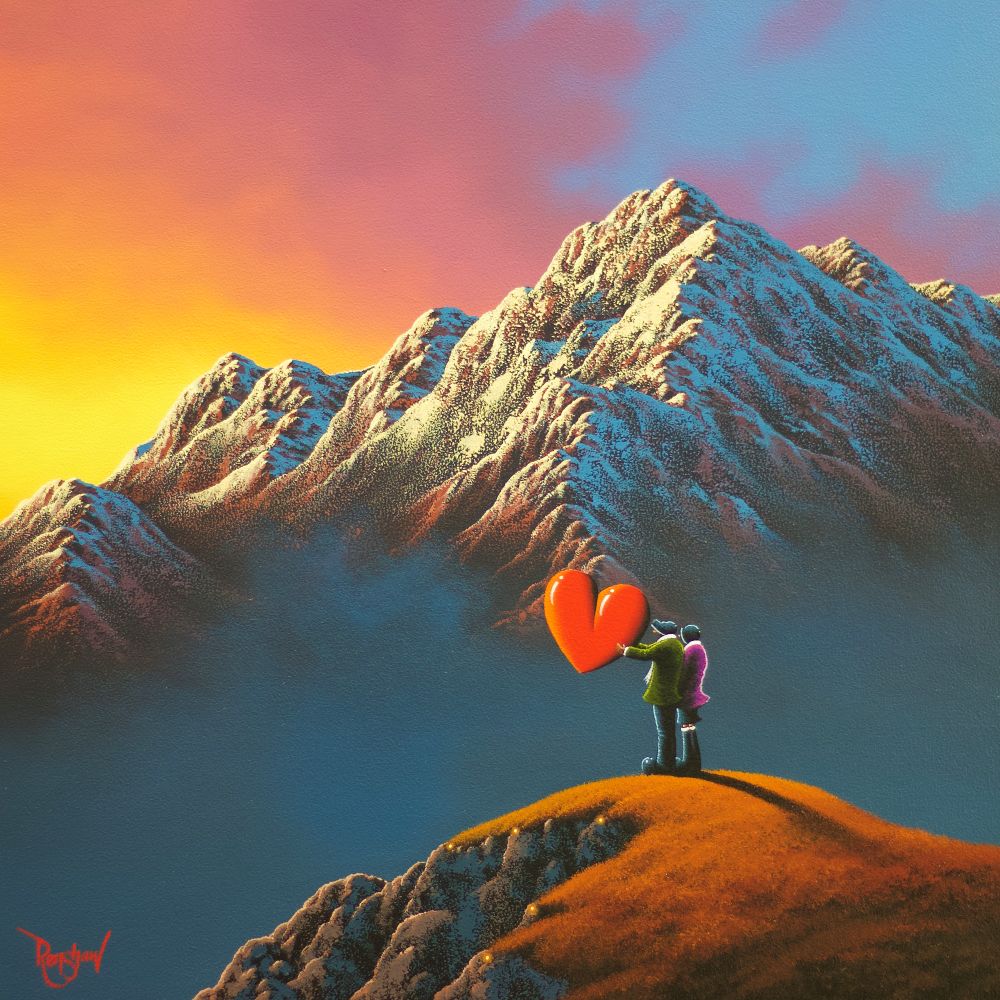 You Have my Heart by David Renshaw lake district art romantic original oil painting by david renshaw with ted and doris up a mountain at sunrise sunset looking at a larger snowy mountain beyond holding a heart