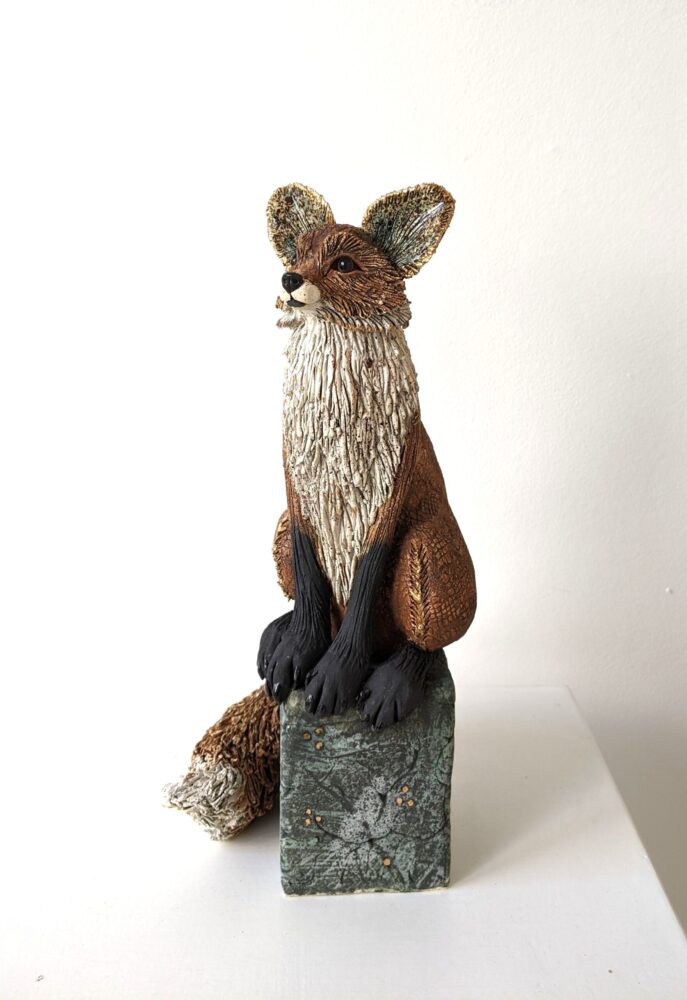 Medium Fox on a Block by Gin Durham Ceramic Fox sculpture handmade by Gin Durham