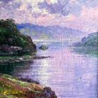 Derwentwater lake district an original oil painting by Andrew Grant Kurtis. A stunning purple and green Lake District scene with mountain fells foliage and water reflections