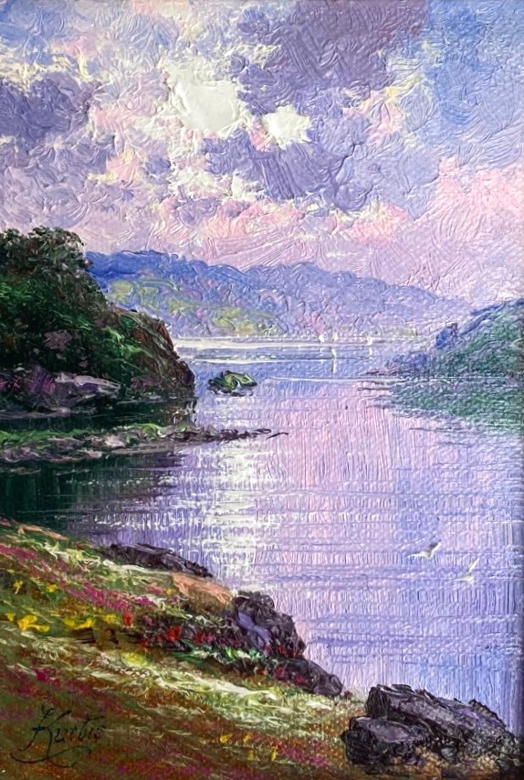 Derwentwater lake district an original oil painting by Andrew Grant Kurtis. A stunning purple and green Lake District scene with mountain fells foliage and water reflections