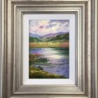 Esthwaite water lake district an original oil painting by Andrew Grant Kurtis. A stunning purple and green Lake District scene with mountain fells foliage and water reflections