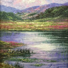 Esthwaite water lake district an original oil painting by Andrew Grant Kurtis. A stunning purple and green Lake District scene with mountain fells foliage and water reflections